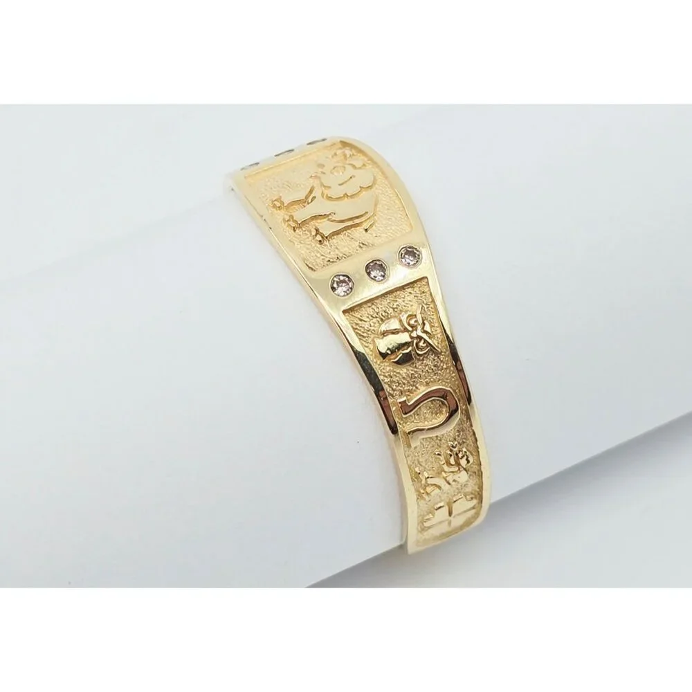 Unique 14K Karat Solid Yellow Gold Designer Lucky Symbols CZ Ring - Size 14